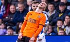 Dundee United's Louis Moult in disbelief after being booked against Killie