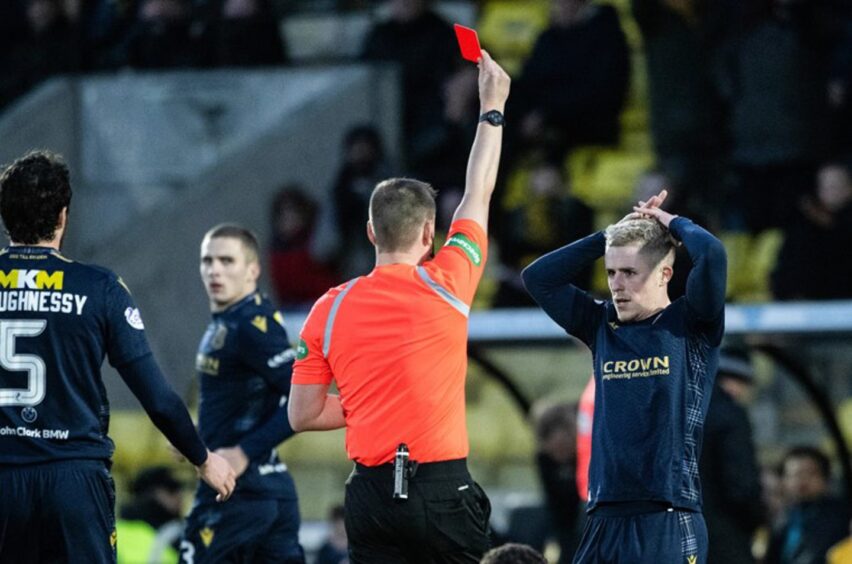 Ross Hardie flashes a red card at Luke McCowan