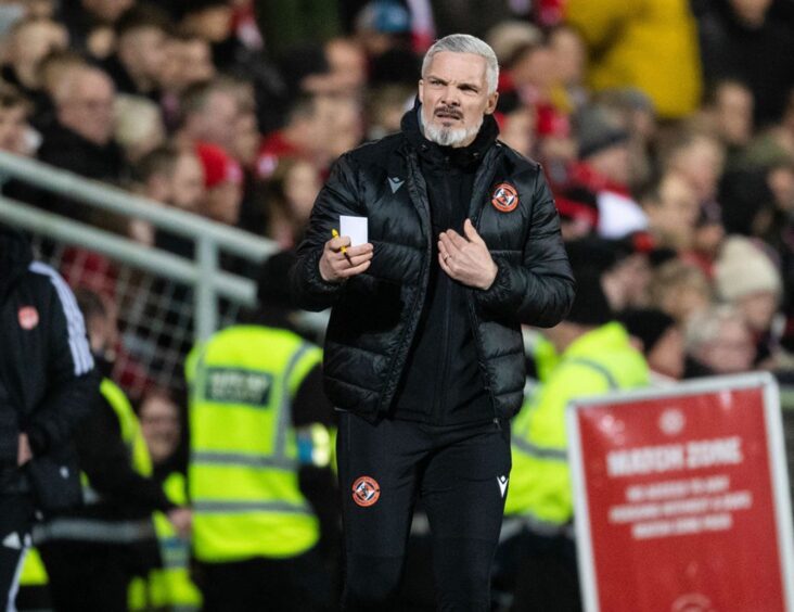 Jim Goodwin cuts a pained figure as Aberdeen beat his United side 3-1 in 2022/23