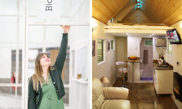 To go with story by Rebecca Baird. Could I live in a tiny house? feature Picture shows; Rebecca Baird visiting a tiny house A-frame designed by Fife-born Alicia Storie/how a kitted out tiny home might look. . na. Supplied by Image: Grant Anderson/Shutterstock.  Date; Unknown