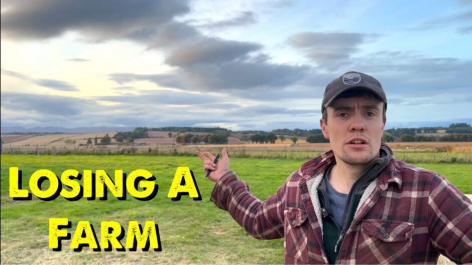 Crawford Niven pointing to farm land behind him