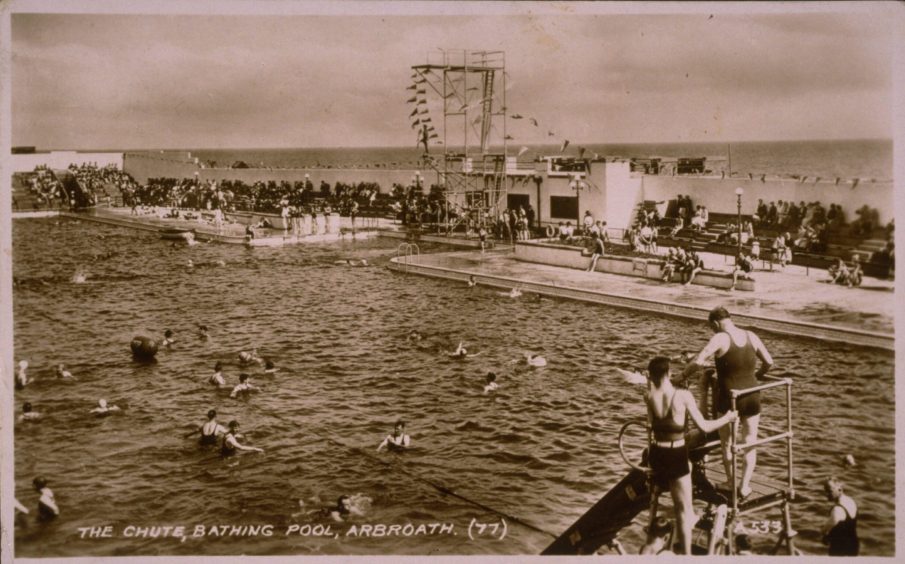 A Valentines postcard showing a busy scene at Arbroath outdoor swimming pool in 1934. 