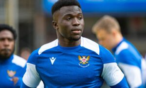 Adama Sidibeh, pictured in training, is back from suspension for St Johnstone.