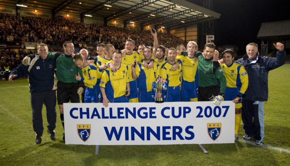 St Johnstone celebrate winning the 2007 Challenge Cup at Dens.