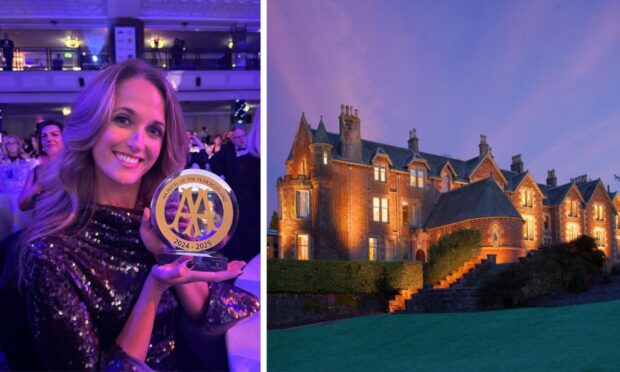 a picture of Sir Andy Murray's wife Kim with the Cromlix Hotel's AA Hospitality award and another one showing the exterior of the hotel