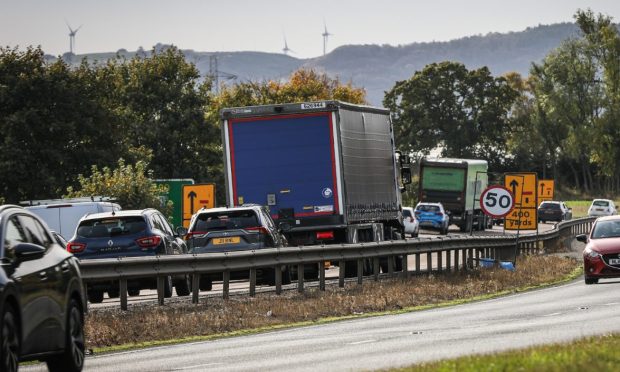 Tailbacks on the A90 southbound due to repair works on a damaged bridge in Glencarse, Perthshire.