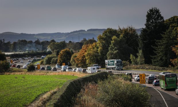 Traffic on the A90 due to roadworks at Glencarse.