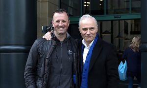 Guilt writer Neil Forsyth poses for a picture beside actor Mark Bonnar as the pair stand outside a building