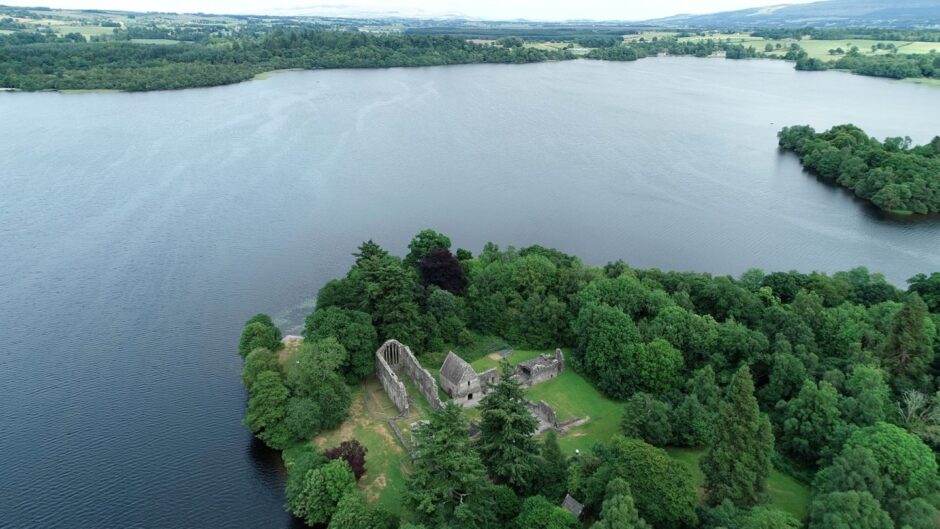 An aerial view of the Lake of Menteith at the Carse of Stirling.