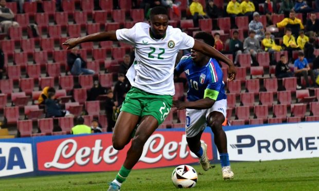 Emmanuel Adegboyega in full flow against Italy on Tuesday evening