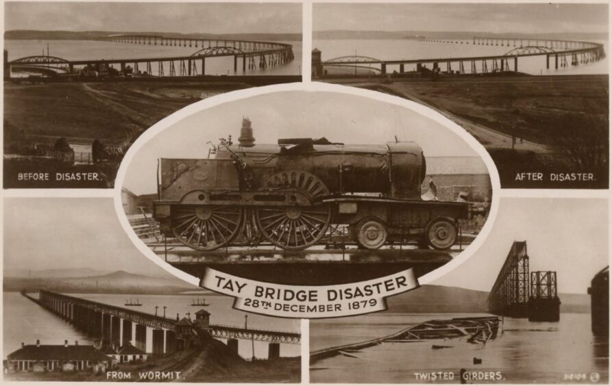 A postcard, which shows the bridge before and after the tragedy, as well as an engine, marking the 1879 Tay Bridge Disaster.