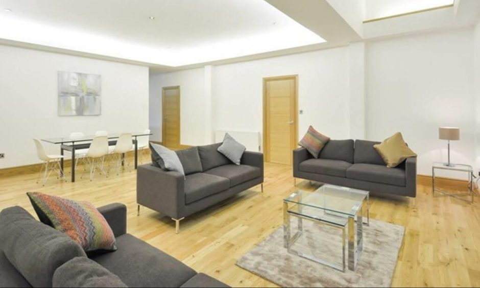 Open plan living and dining room at Blairingone Church in Kinross-shire.