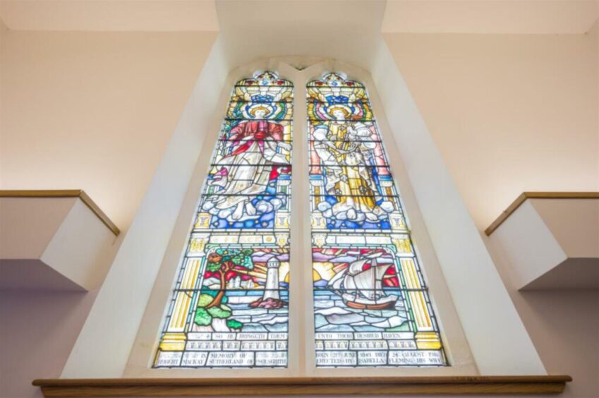 Stained glass window at Blairingone Church in Kinross-shire.