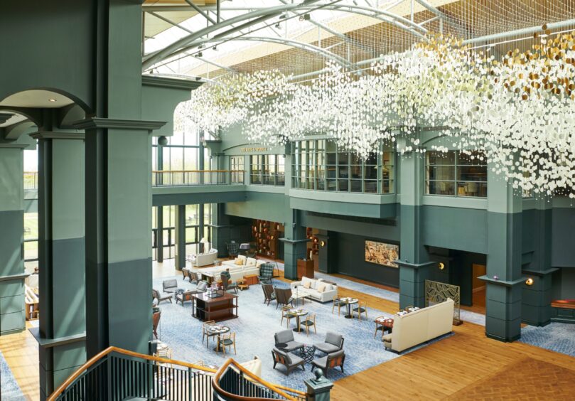 The beautiful glass building that is the atrium at the Fairmont Hotel.