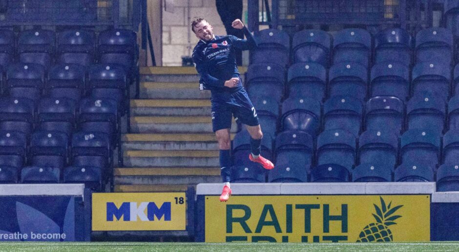 Lewis Jamieson leaps in the air to celebrate scoring for Raith Rovers.