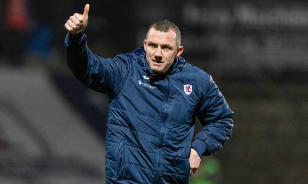 Neill Collins gives the thumbs up to the Raith Rovers support.