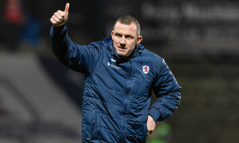 Neill Collins gives the thumbs up to the Raith Rovers support.