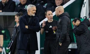 Referee Colin Steven, centre, in discussion with David Gray, right, and Jim Goodwin