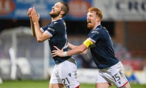 Ziyad Larkeche and Simon Murray celebrate the winner. Image: Paul Devlin/SNS