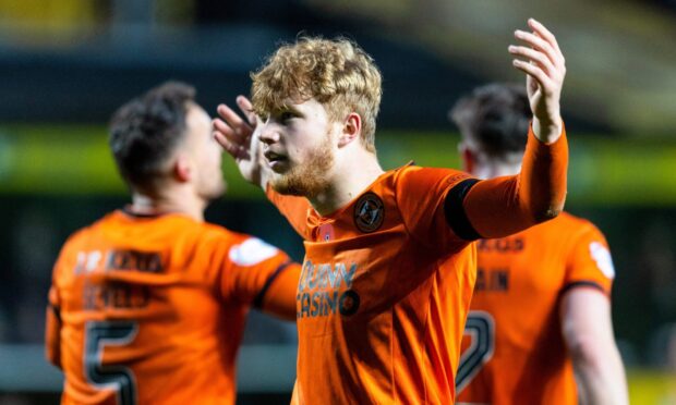 Luca Stephenson celebrates a goal for Dundee United