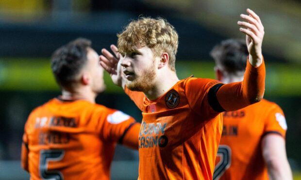 Luca Stephenson celebrates a goal for Dundee United
