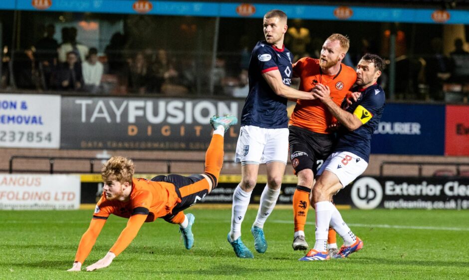 Luca Stephenson acrobatically gives Dundee United the lead