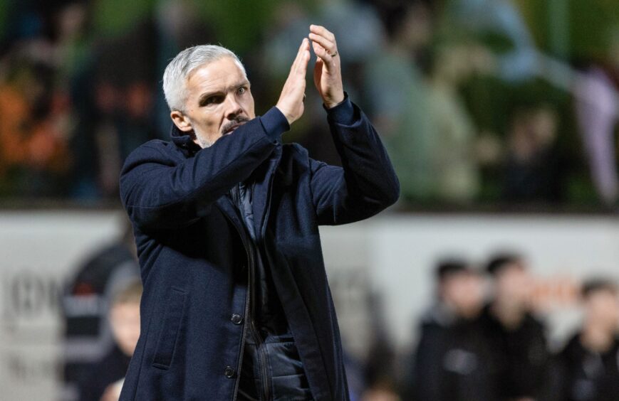 Jim Goodwin salutes the Dundee United fans