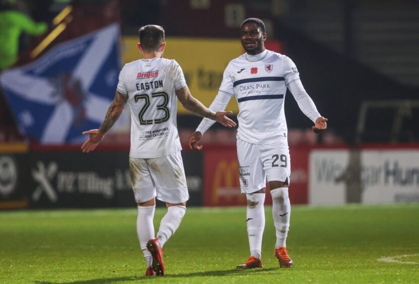 Cody David speaks with Raith Rovers team-mate Dylan Easton after the full-time whistle against Partick Thistle. 