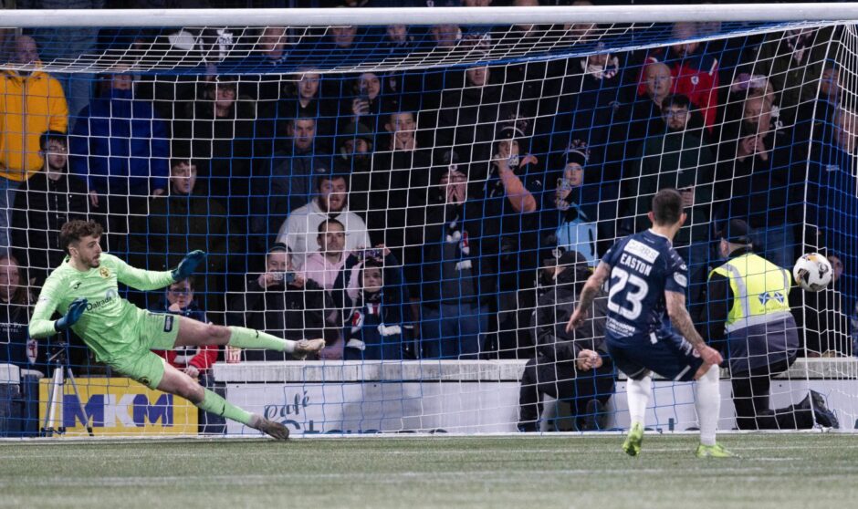 Dylan Easton sends the Morton goalkeeper the wrong way from the penalty spot.