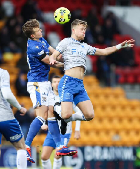 Sven Sprangler challenges Kilmarnock's David Watson for a header.