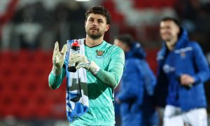 Josh Rae applauds the St Johnstone support