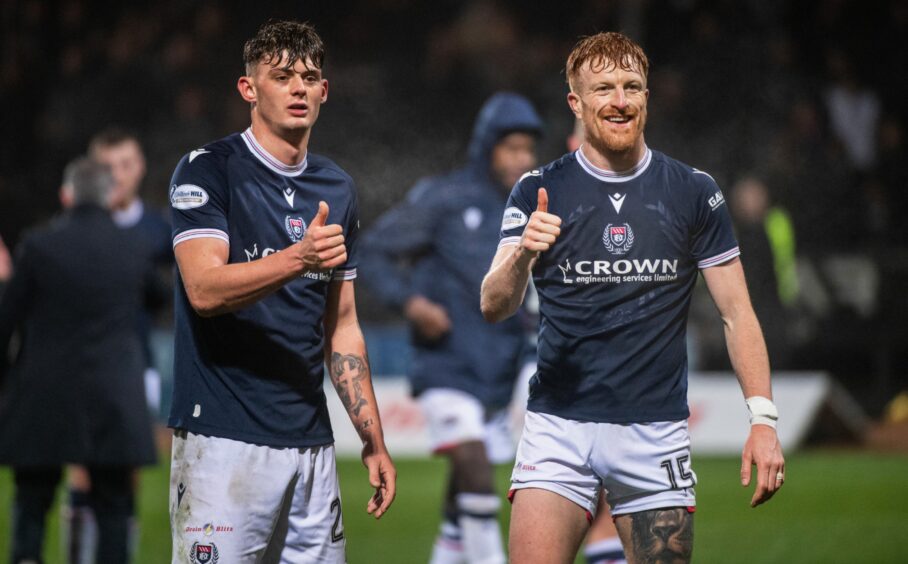 Dundee strikers Seb Palmer-Houlden and Simon Murray enjoyed their evening. Image: Euan Cherry/SNS