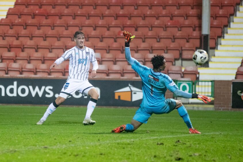 Lewis McCann fires in his winning goal for the Pars against Alloa.