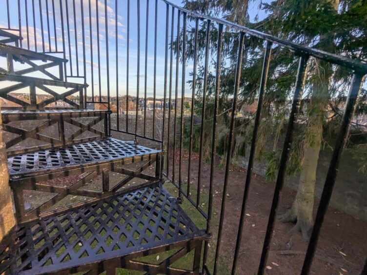 A spiral staircase winds up Castle Hill monument in Forfar. Image: Gayle Ritchie