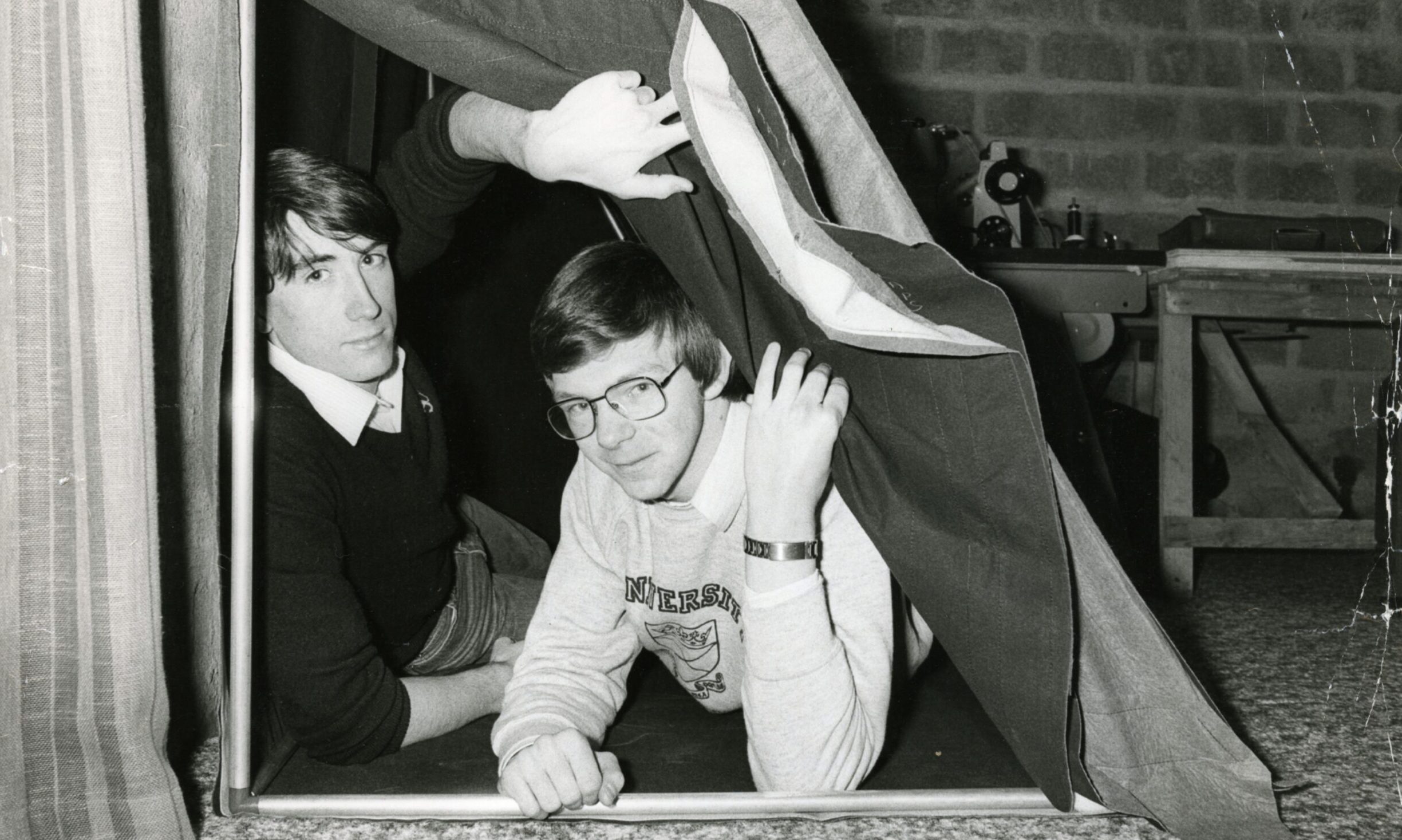 Dundee University students John Holland and Andrew Cameron in a survival tent in 1981.