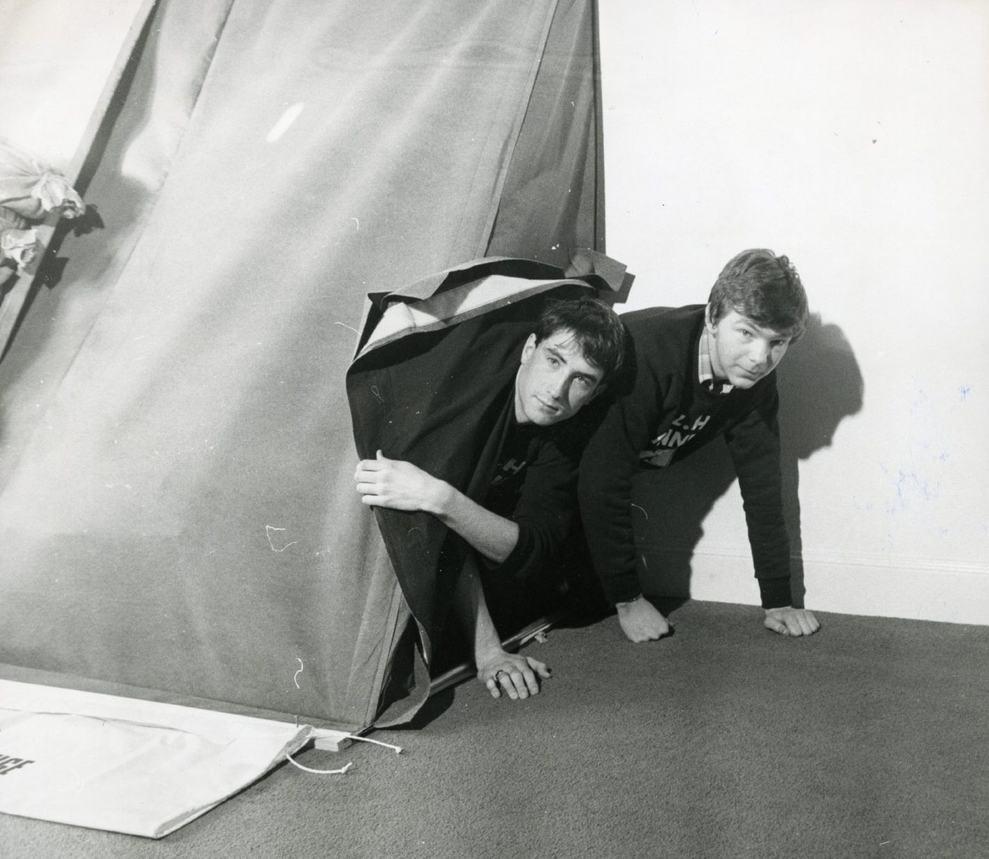 John Holland and Andrew Cameron emerge from the tent after 48 hours