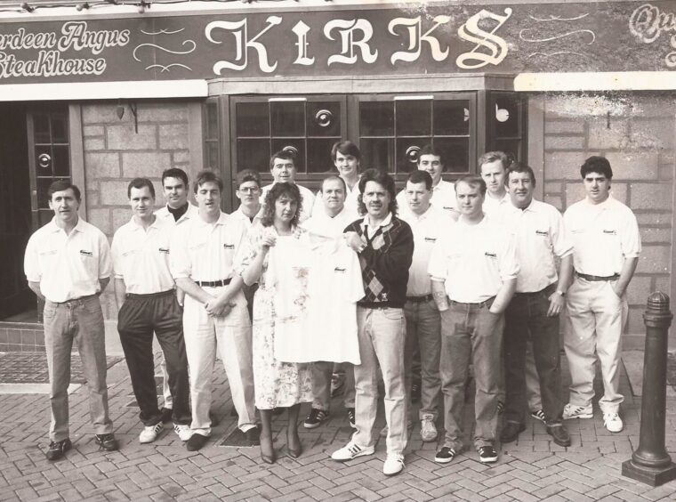 Arbroath Super League team were sponsored by Kirks pub. They are pictured in their shirts outside the pub