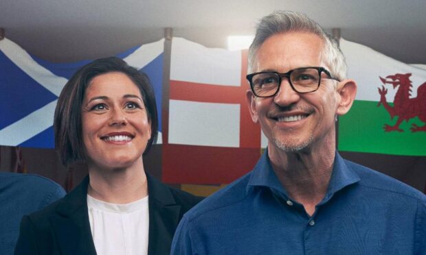 Eilidh Barbour and Gary Lineker in a promo shot for the BBC's Euro 2020 coverage. Image: BBC/Nick Eagle