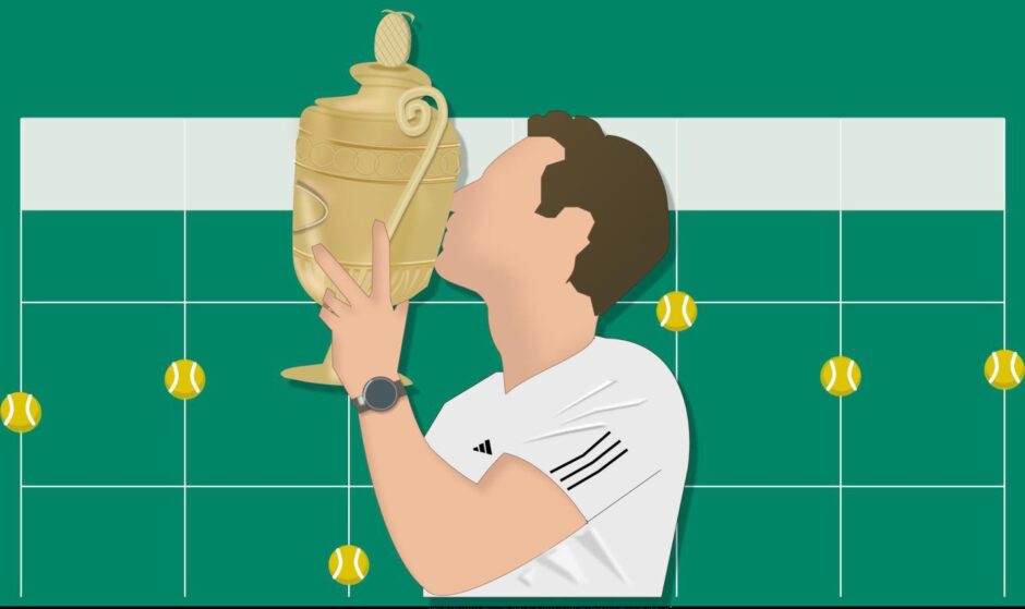 Graphic shows Andy Murray kissing Wimbledon trophy.