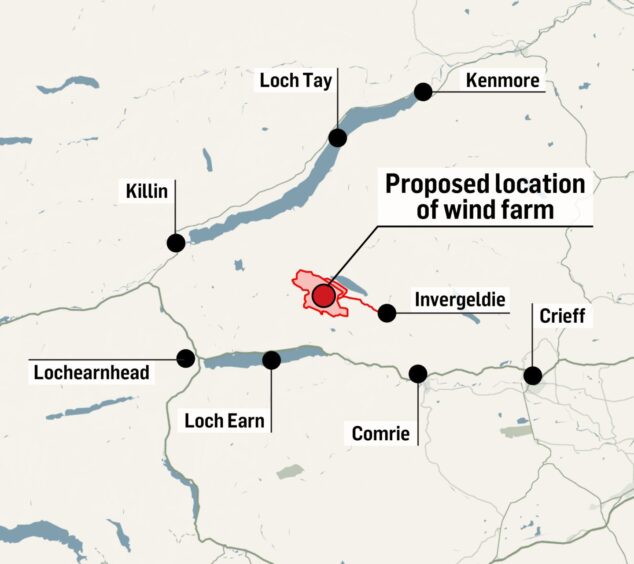 Map showing proposed location of wind farm, between Loch Tay and Loch Earn, a few miles north west of Comrie on the Invergeldie estate