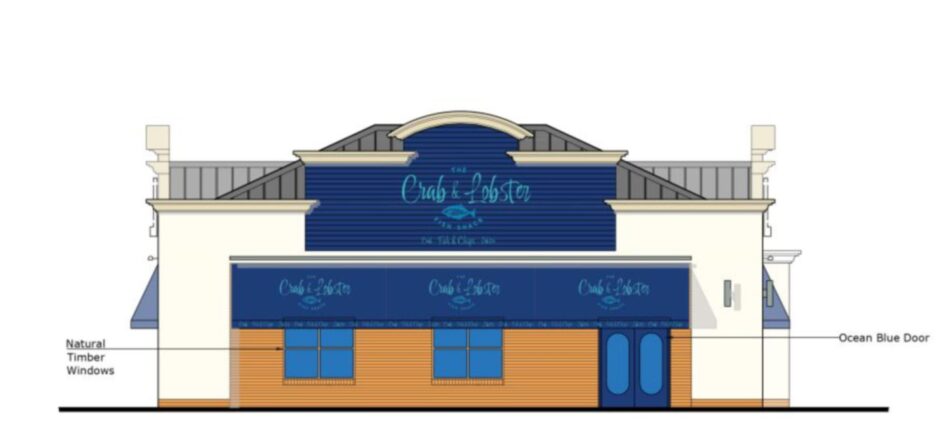 An architect's drawing of thr new fish shack which shows a traditional pavilion style building with blue and yellowy colours.