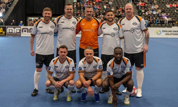 The United Masters squad of (Back row, L to R) Mark Wilson, John Daly, Paul Gallagher, Craig Conway, Garry Kenneth and (front row, L to R) Danny Swanson, John Rankin and Morgaro Gomis