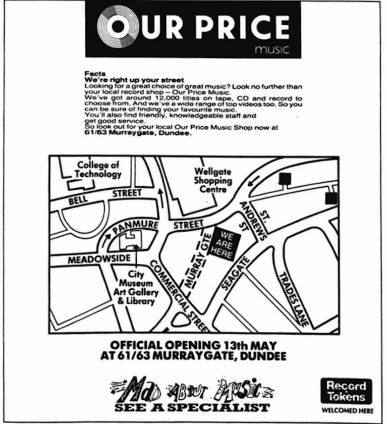 The Our Price advert which appeared in The Courier in 1989 and features a map of Dundee showing where the music shop was located