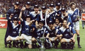 Raith Rovers' 1994 Coca-Cola Cup heroes gather after the trophy presentation.