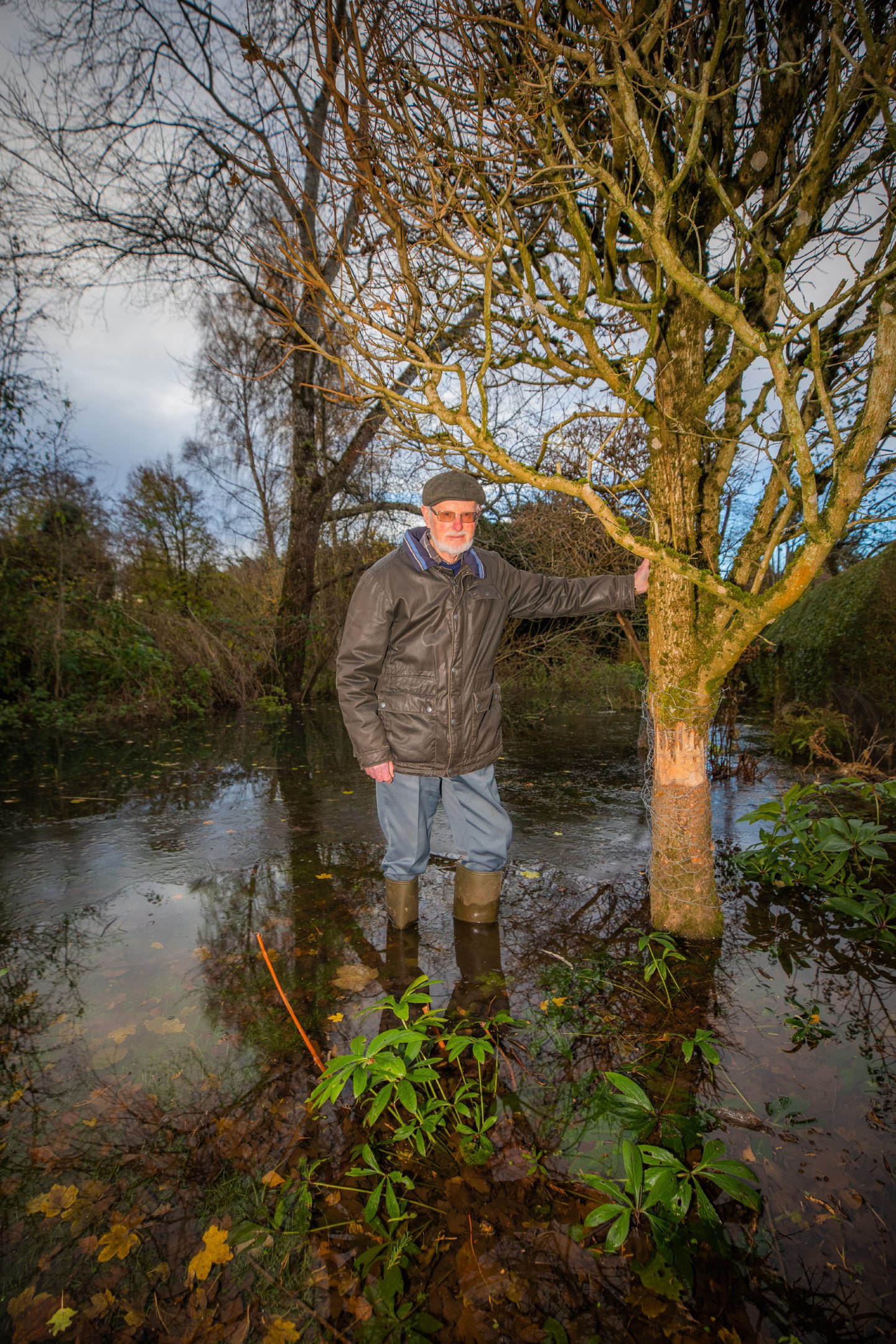 Jack Blair in his flooded Bridge of Earn garden.