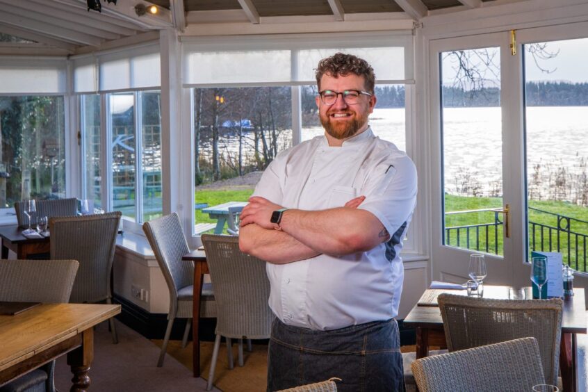 Chef Joe Peden in the bright and airy orangery restaurant with views of Lake of Menteith.