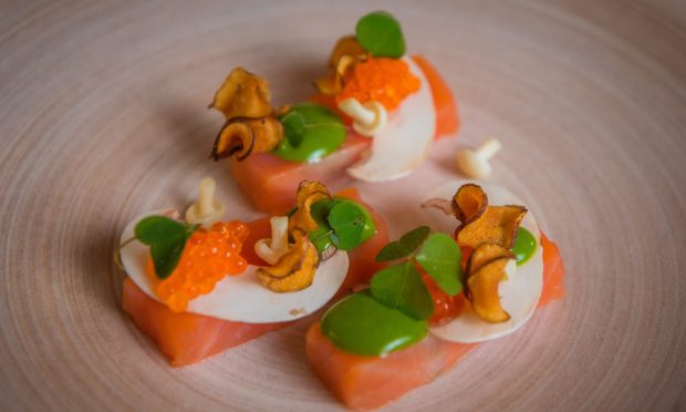 Scott Davies' smoked trout with forest flavours has 3 slices of pink smoked trout topped with a thin sliver of mushroom, bright orange caviar, green fir and parsley mayo, brown fried Jerusalem artichoke slices that have curled up and fresh green sorrel leaves.