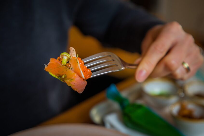 A colourful forkful of the rainbow trout dish.