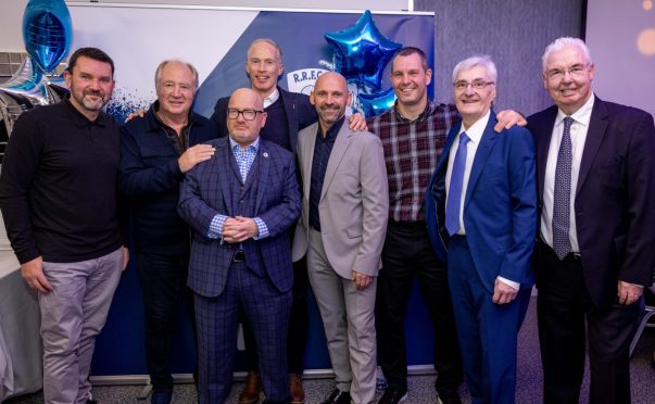 (L to R): Jason Dair, Jimmy Nicholl, organiser John Greer, Scott Thomson, Colin Cameron, Brian Potter, ex-kitman John Valente and former chairman Alex Penman at the Raith Rovers anniversary event in Kirkcaldy. Image: Steve Brown/DC Thomson