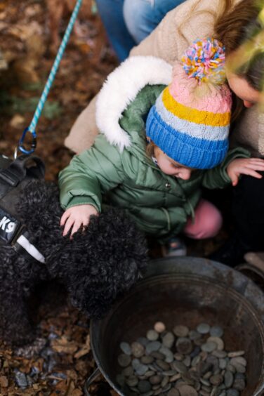 3-year-old Lily and black labradoodle Pepper choosing a river pebble.